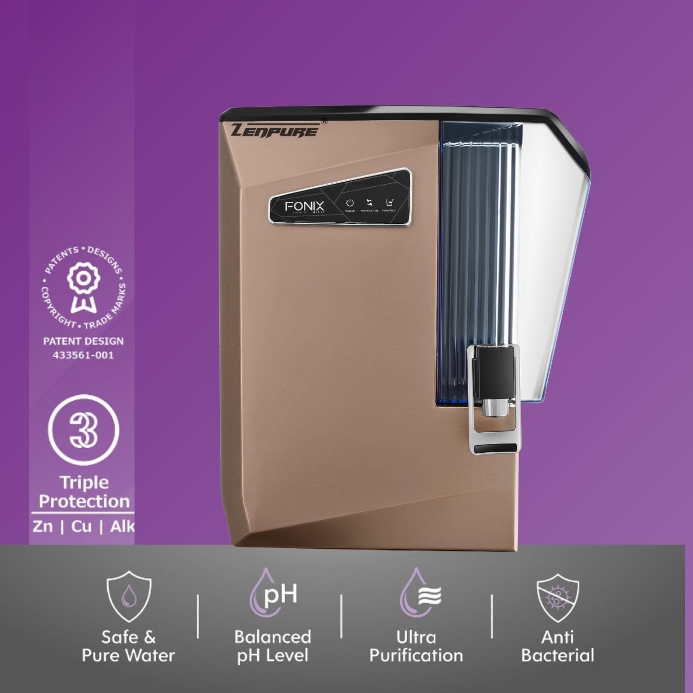 Zenpure Fonix RO+UV+UF+Copper Alkaline Water Purifier | 12L Tank | Multi-Stage Purification for Home & Kitchen