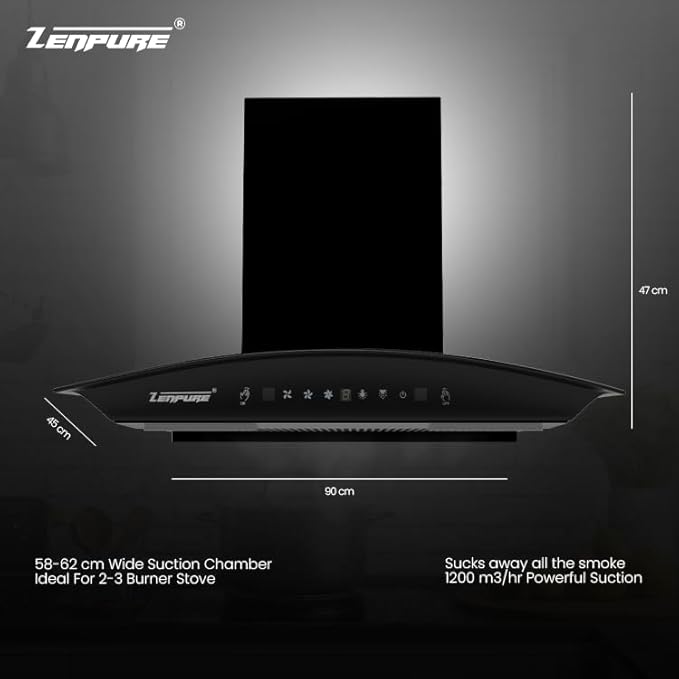 Zenpure Smart Appliances Nadia IN 90 cm 1350 m³/hr Modern Stylish Filterless Auto-Clean Kitchen Chimney With 10 yr warranty, Motion Sensor & Touch Control For Easy Operation (Curved Glass, Black)