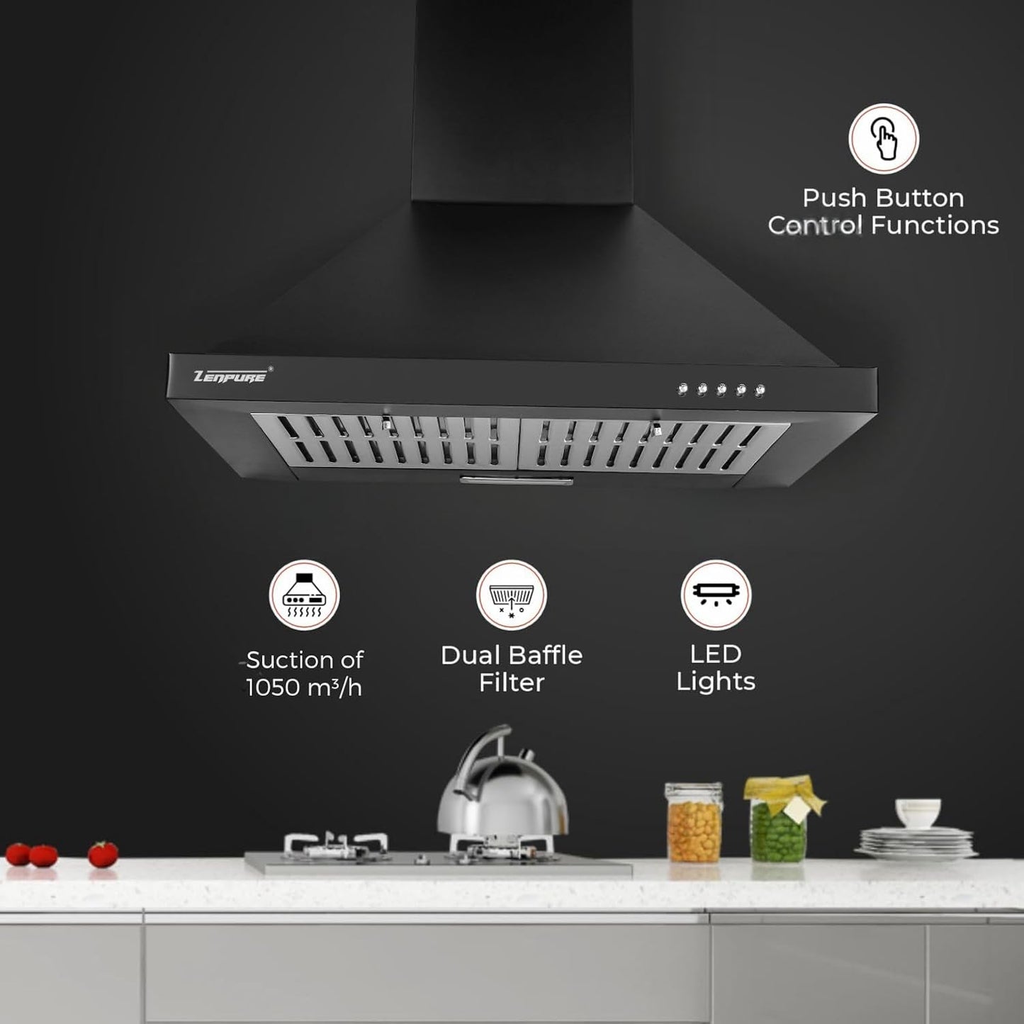 Zenpure Venus 60 Cm Filterless Kitchen Chimney, 1050 CMH Suction, Heavy Duty Motor, 5 Year Warranty On Motor + 1 Year Product Warranty,Wall Mount, Kitchen Hood.
