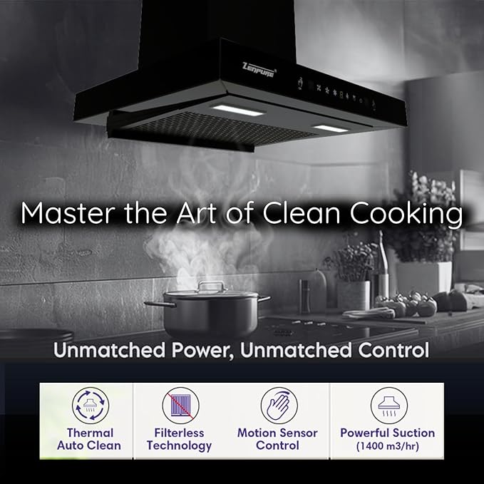 Zenpure Hella Auto-Clean Chimney, 90 cm, 1300 m3/hr, Multi-Speeds with RPM Display, Touch Gesture Control, Black, 10-Year Motor Warranty + 1-Year Product Warranty