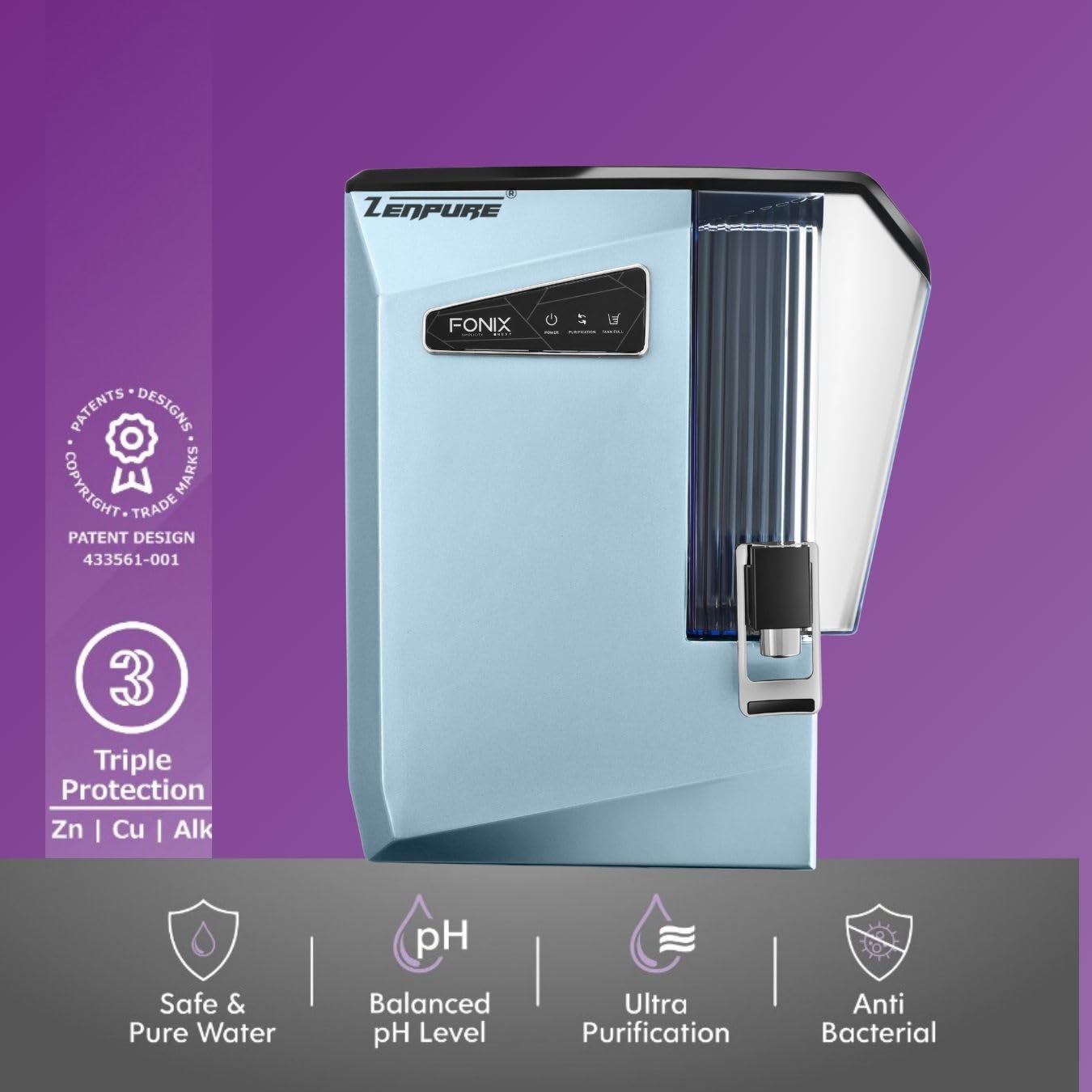 Zenpure Aqua Fonix RO+UV+UF+Copper Alkaline Water Purifier | 12L Tank | Multi-Stage Purification for Home & Kitchen | With 5years warranty