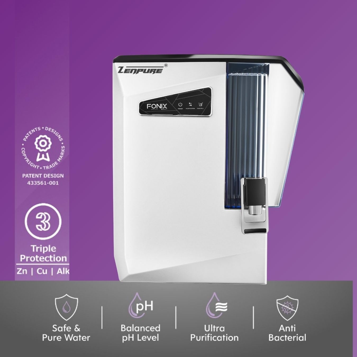 Zenpure Aqua Fonix RO+UV+UF+Copper Alkaline Water Purifier | 12L Tank | Multi-Stage Purification for Home & Kitchen | With 5years warranty